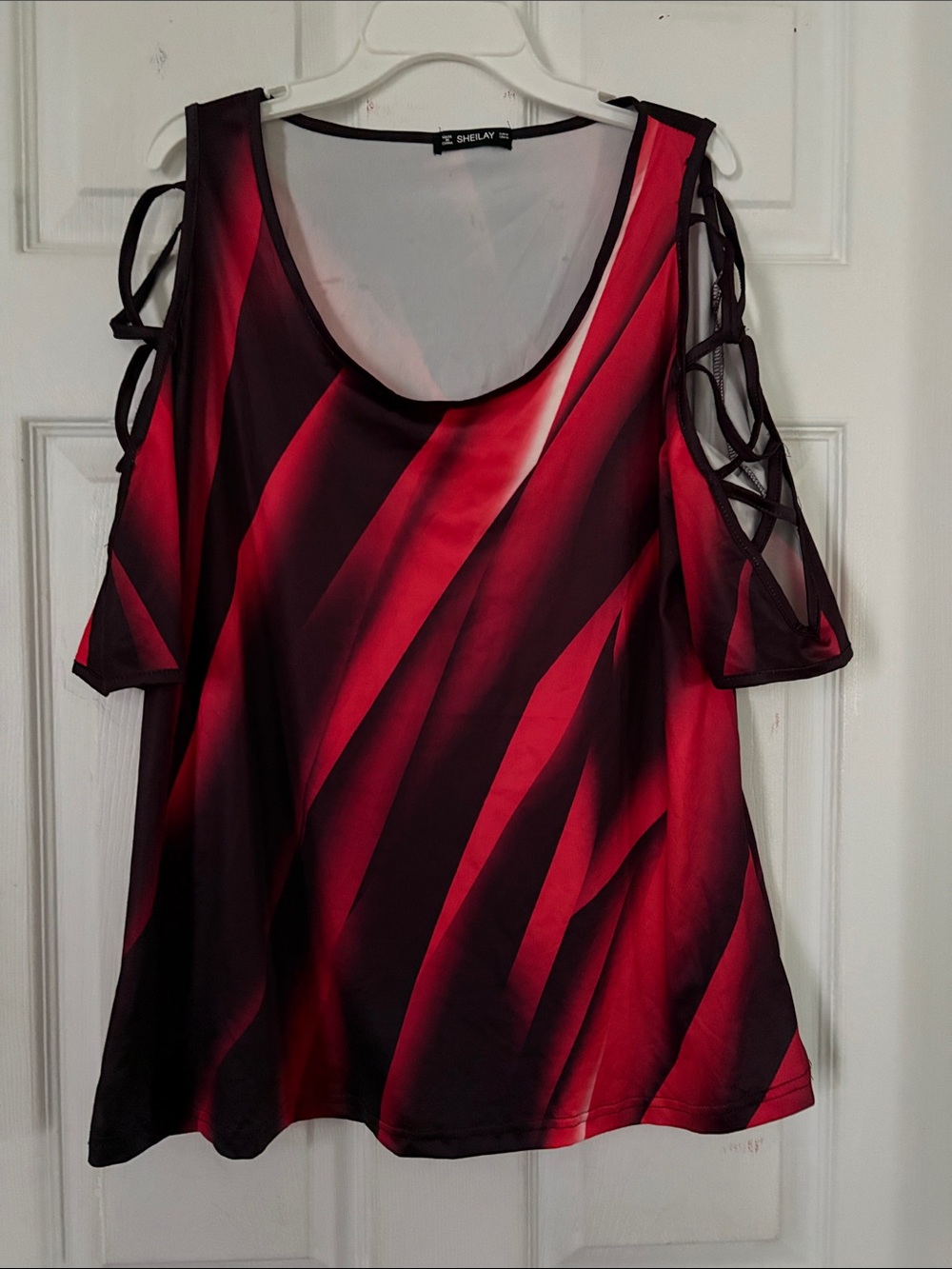Shelay Red & Black Cold-Shoulder Blouse with Lattice Sleeves